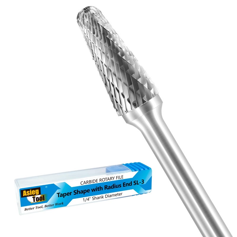 Asieg Tool SL-3 Tungsten Carbide Burr Rotary File Taper Shape with Radius End Double Cut with 1/4" Shank for Die Grinder Drill Bit - Image 1